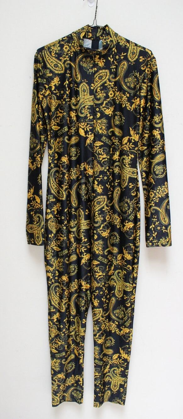 Versace Jeans Couture Baroque Black Gold Mockneck Stretch Jumpsuit Size 46/US 10